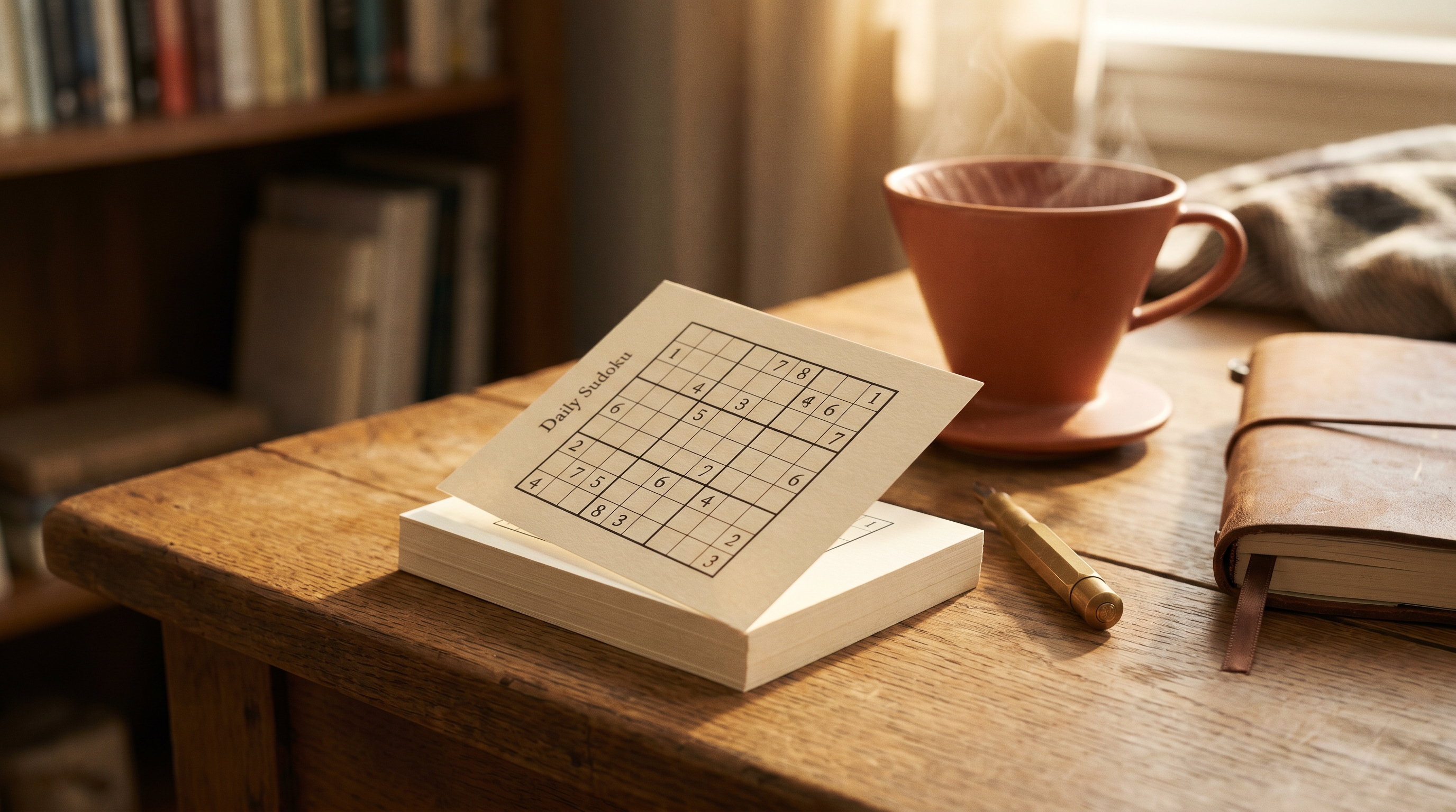 Stack of daily puzzle cards on a warm oak desk with coffee and journal