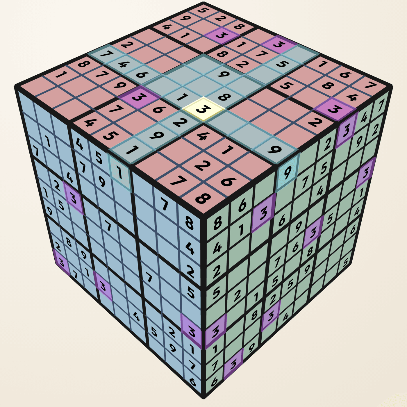 A 9×9 ZudoCube in play: a selected cell highlighting its row and column across three faces