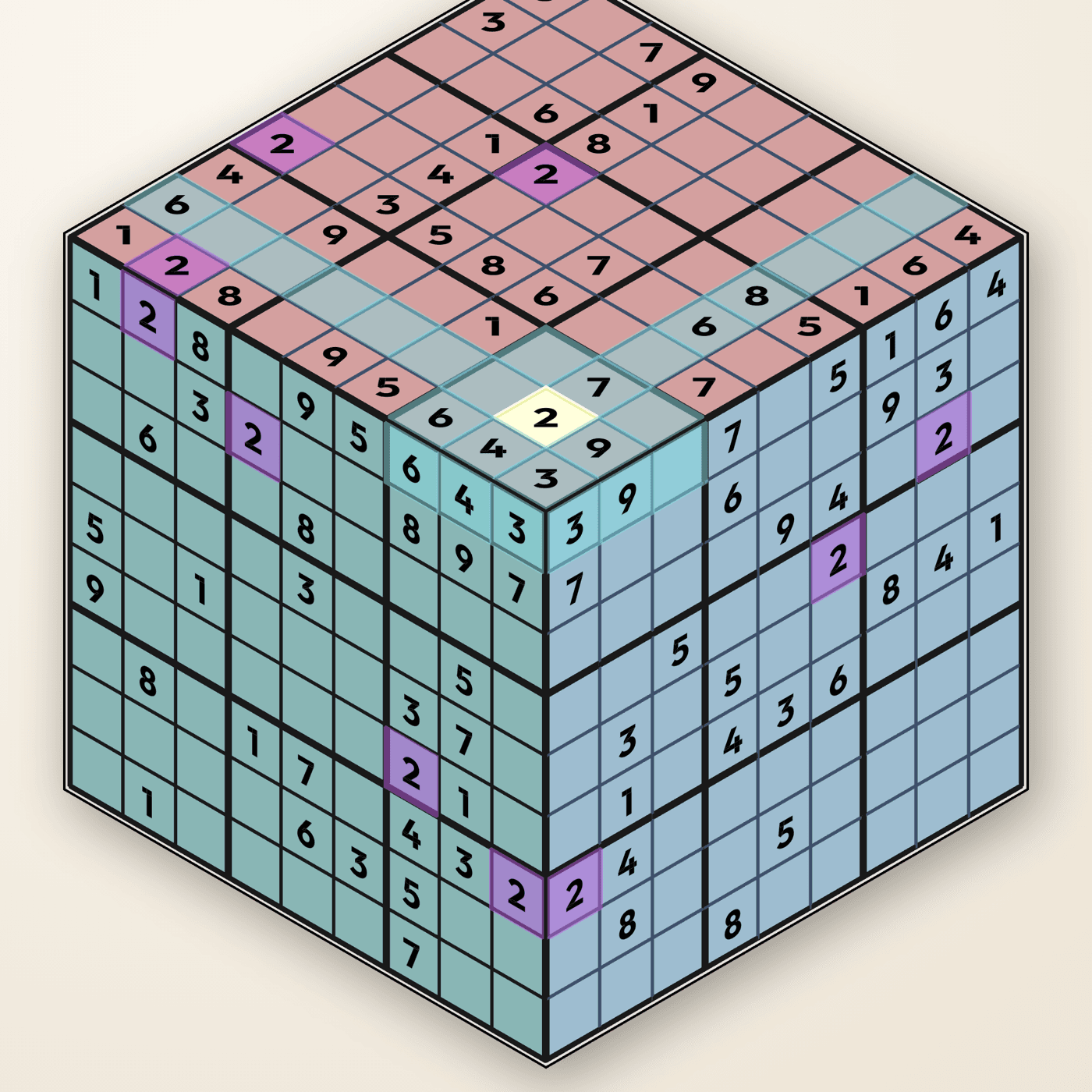 A 9×9 ZudoFlat in play: three grids joined at a corner with a selected cell and its peers highlighted