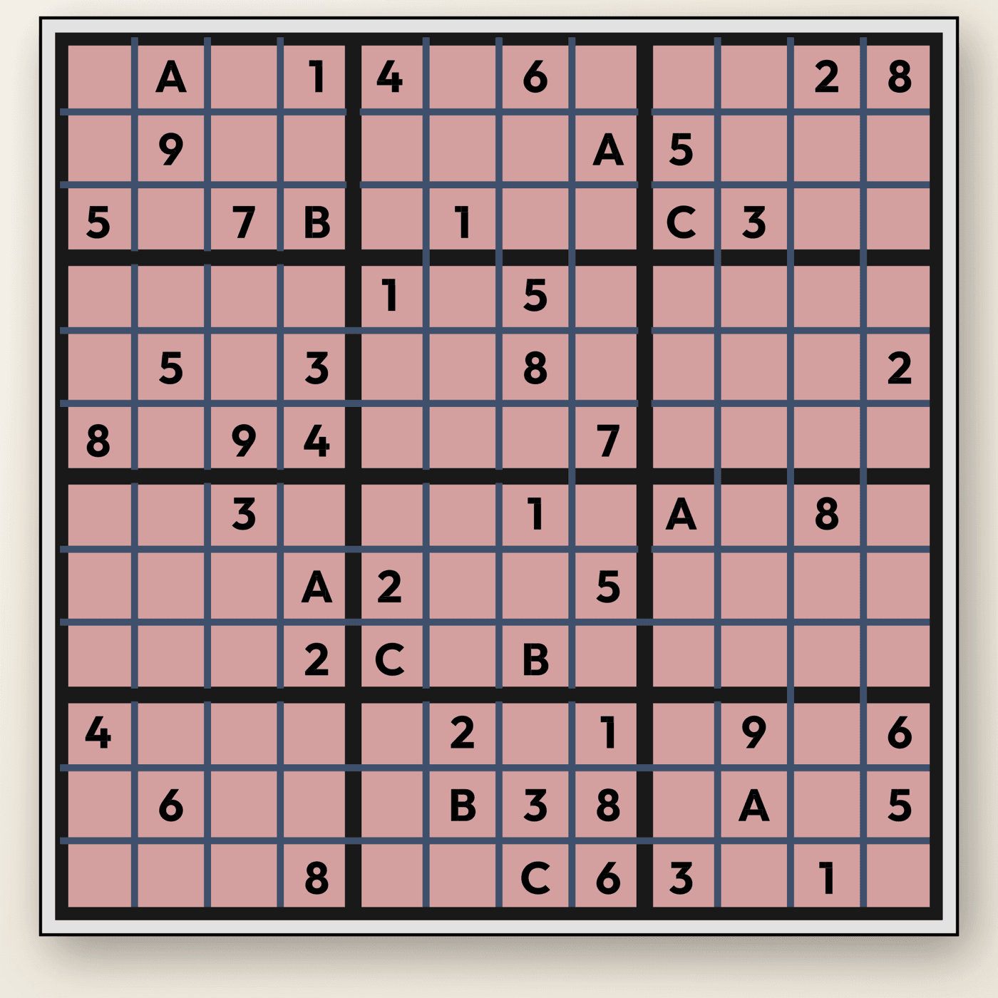 A 12×12 traditional Sudoku grid in the game, with letters A, B and C among the clues