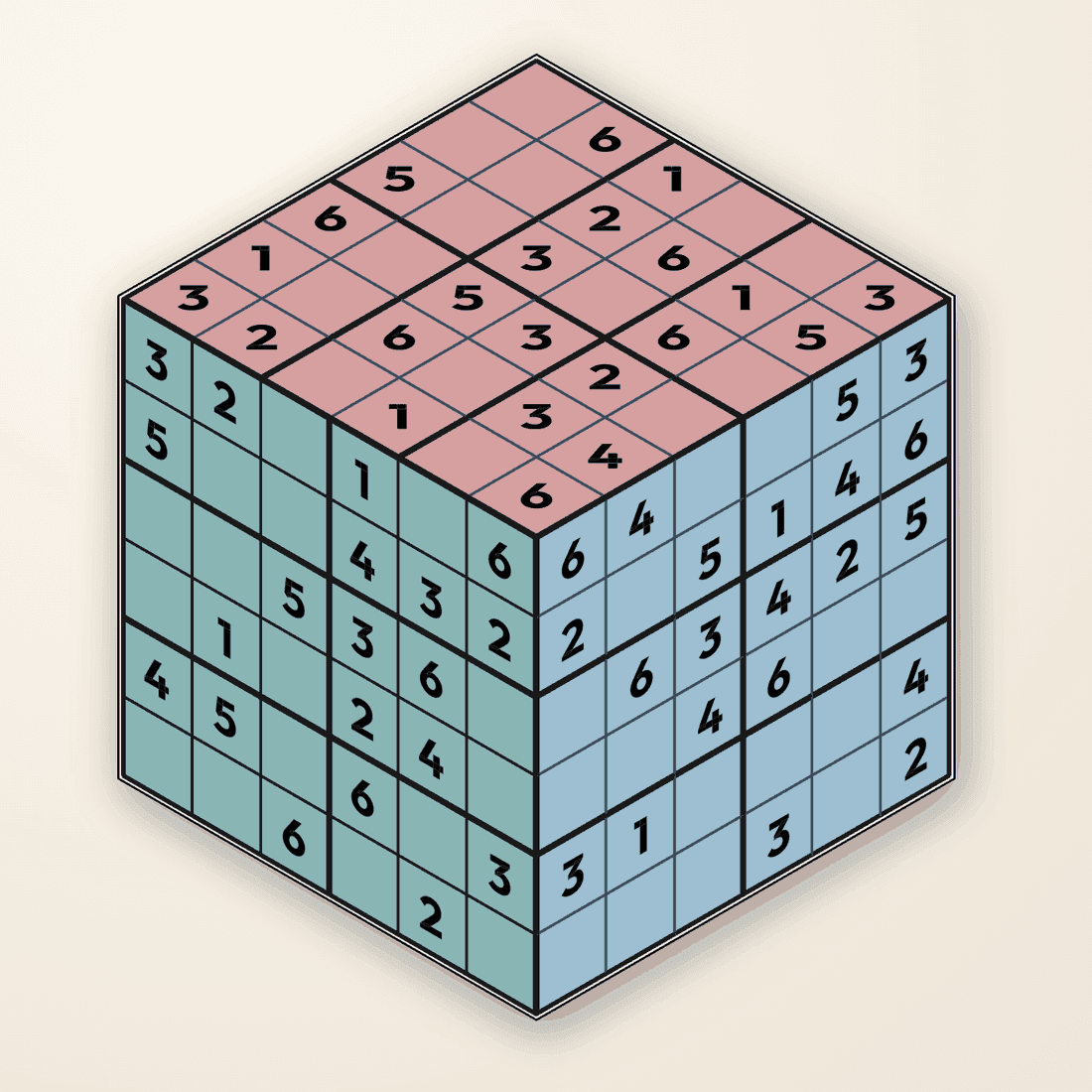 A real render of a 6×6 ZudoFlat mid-solve — three grids with rectangular 2×3 boxes