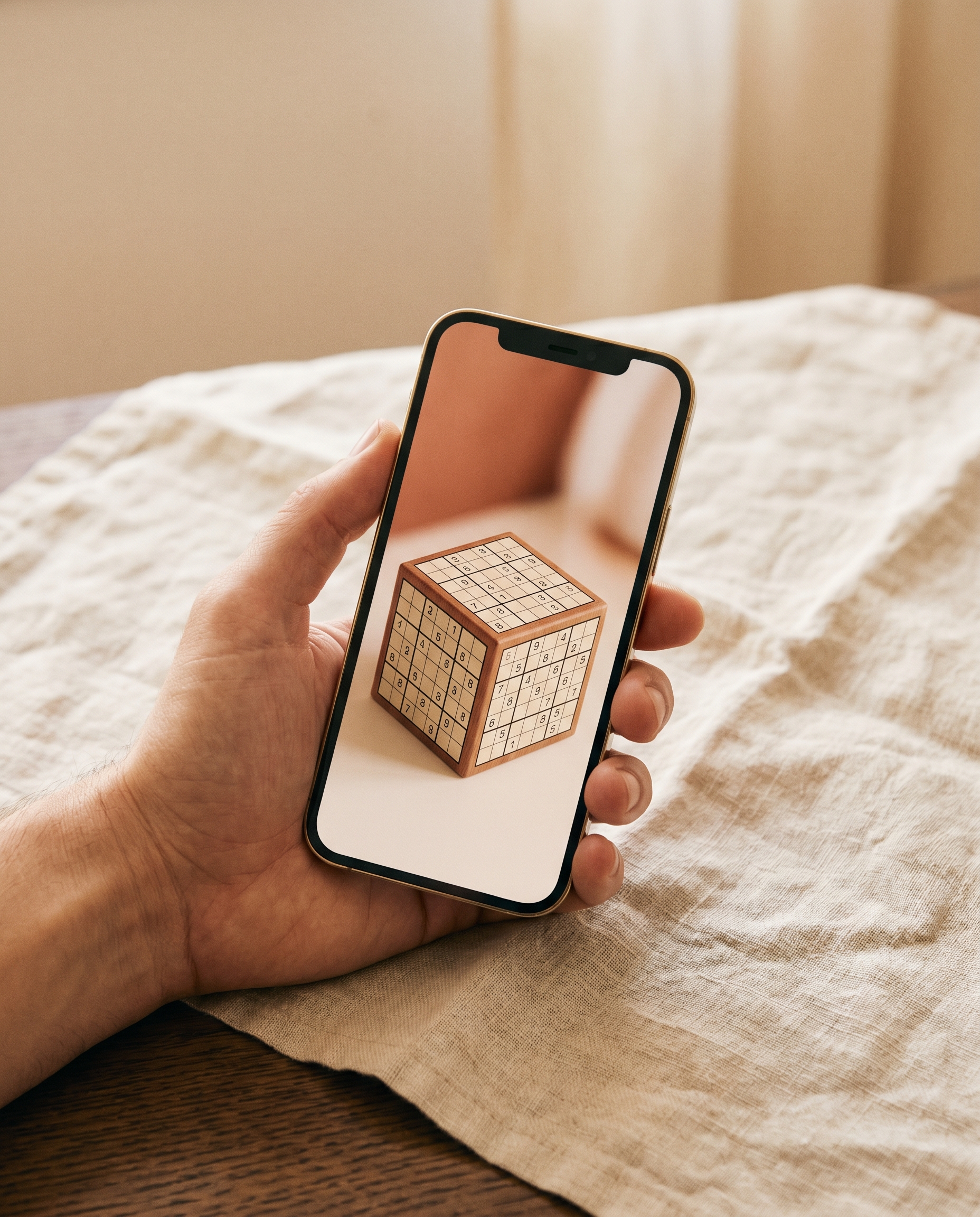 Hand holding a phone showing the ZudoCube app