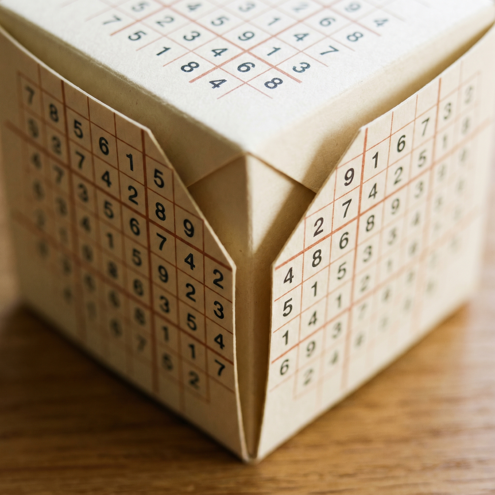 Macro detail of the cube's corner showing three faces converging