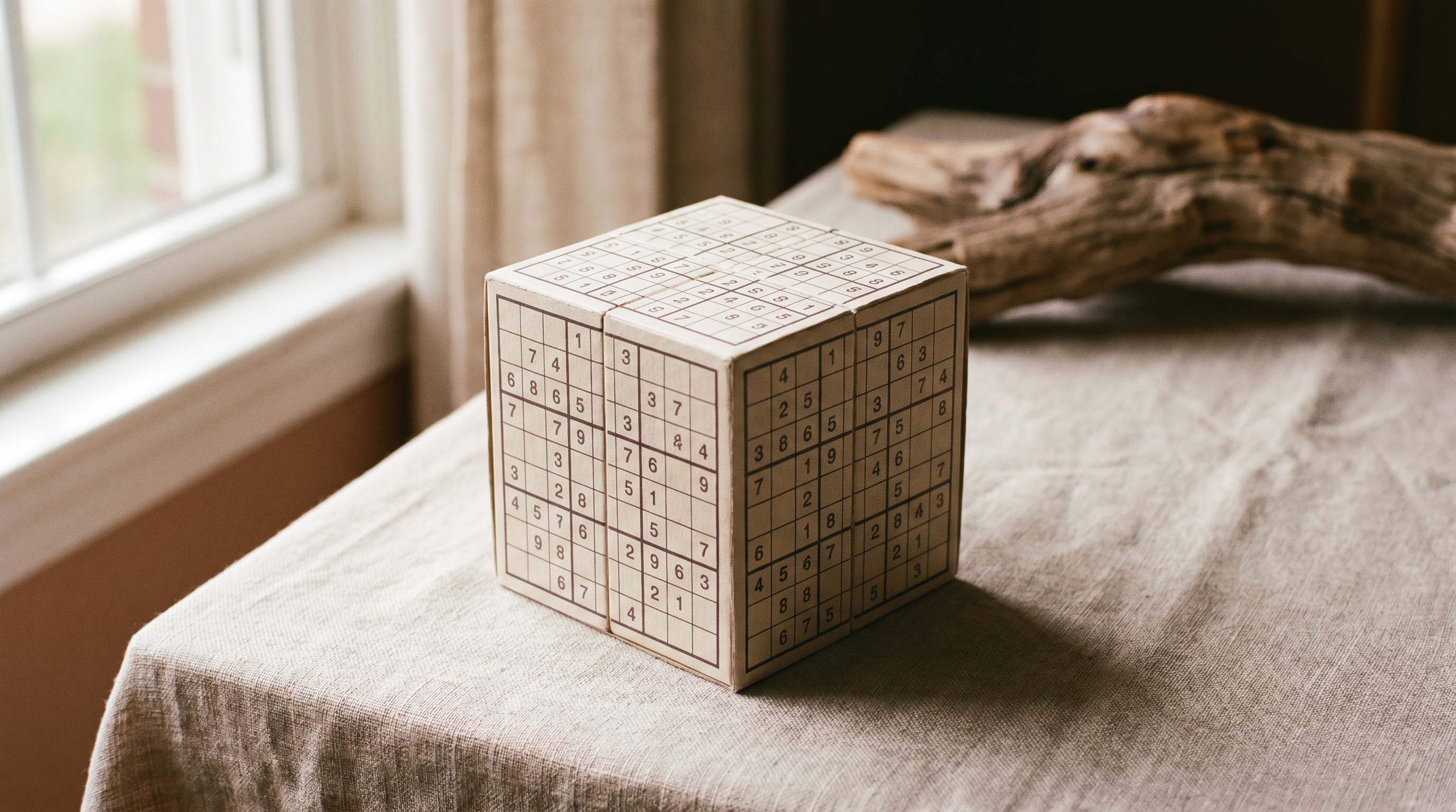 A hand-built ZudoCube on a linen surface in afternoon light